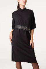 Bold Textured Belt High Neck Knit Midi Dress - Downtown Girl