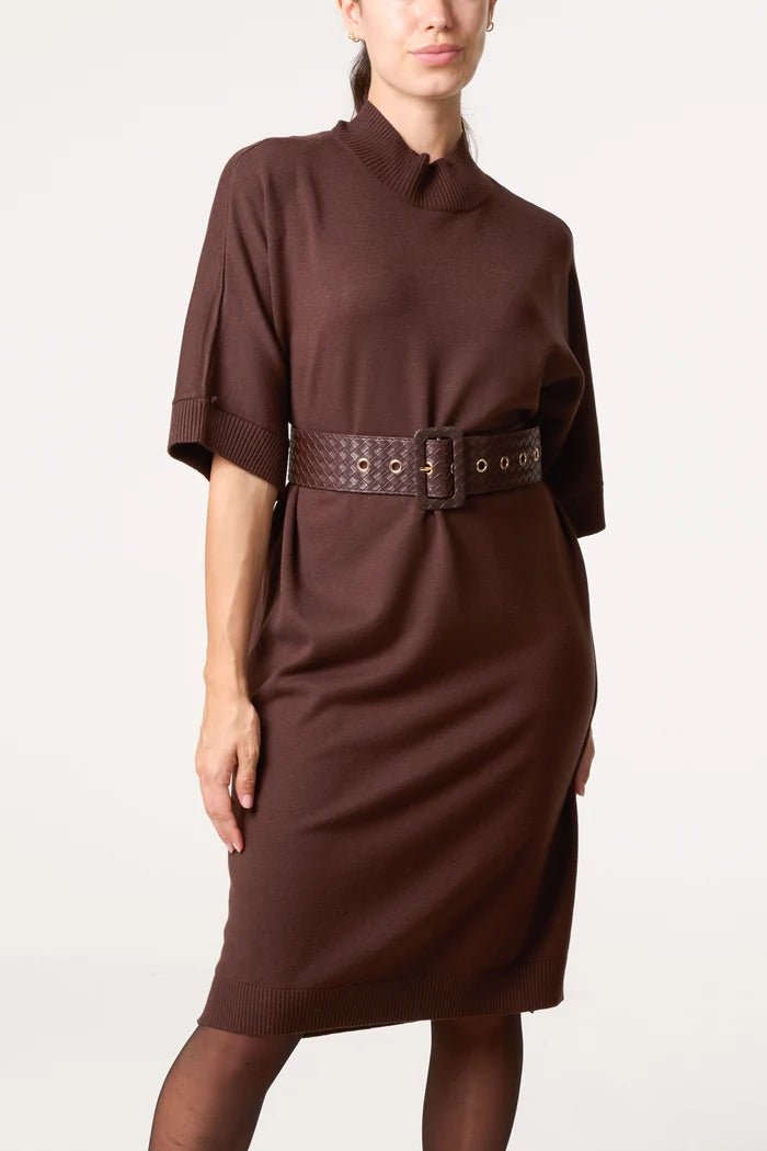 Bold Textured Belt High Neck Knit Midi Dress - Downtown Girl