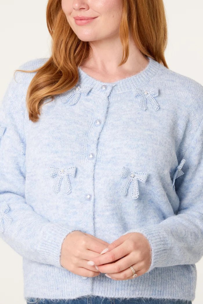 Bow Pearl Button Through Knit Cardigan - Downtown Girl