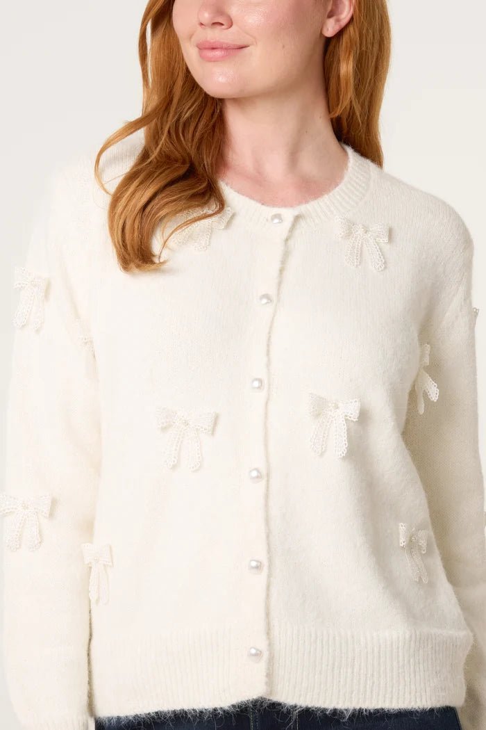 Bow Pearl Button Through Knit Cardigan - Downtown Girl