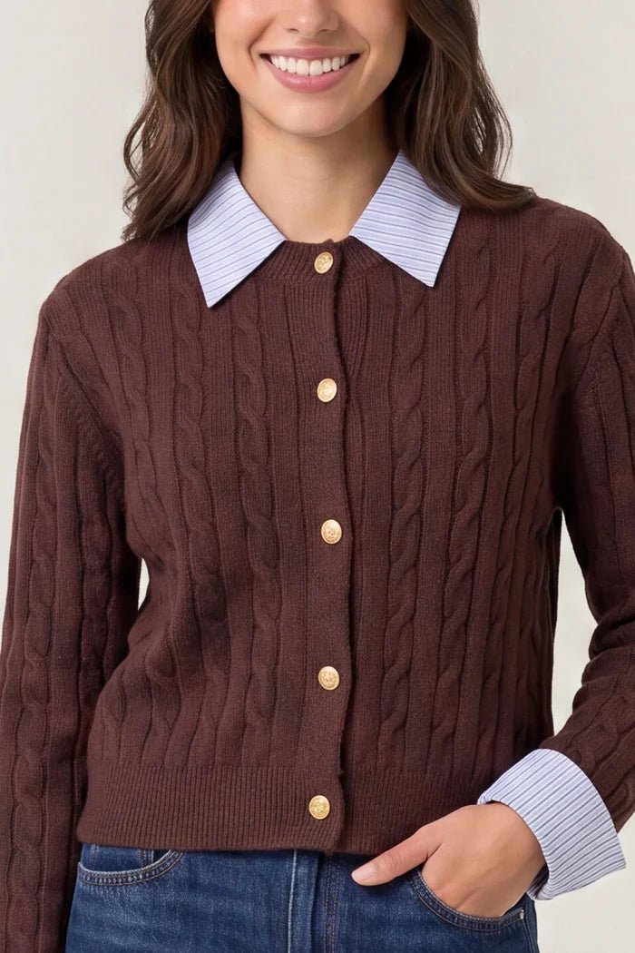 Cable Knit Cardigan With Collar - Downtown Girl