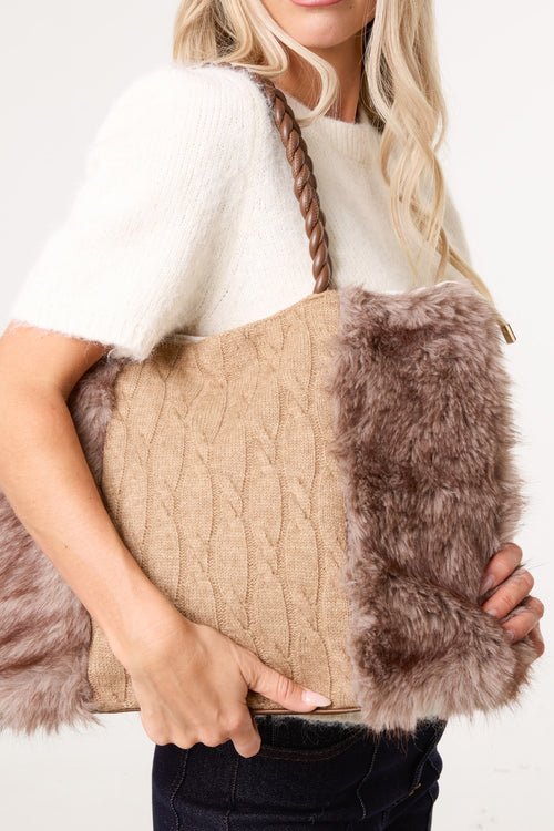 Cable Knit Faux Fur Tote Bag - Downtown Girl
