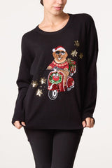 Christmas Sequin Applique Cool Scooter Dog Jumper - Downtown Girl