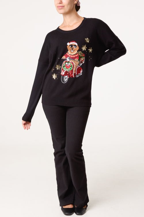 Christmas Sequin Applique Cool Scooter Dog Jumper - Downtown Girl