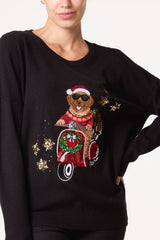 Christmas Sequin Applique Cool Scooter Dog Jumper - Downtown Girl