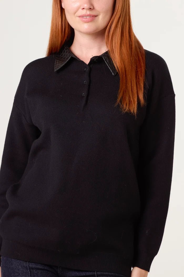 Classic PU Polo Collar Knit Jumper - Downtown Girl