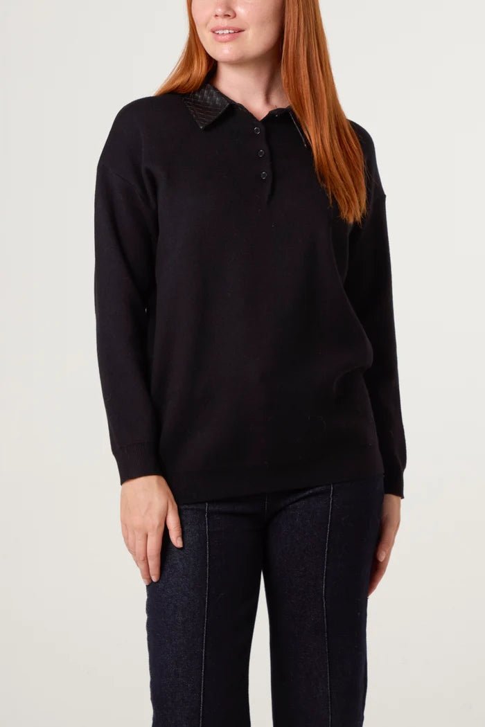 Classic PU Polo Collar Knit Jumper - Downtown Girl