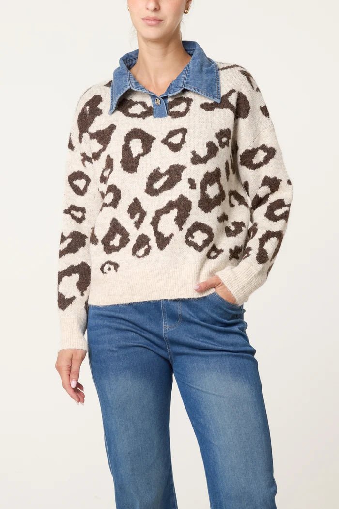 Denim Collar Animal Knit Jumper - Downtown Girl