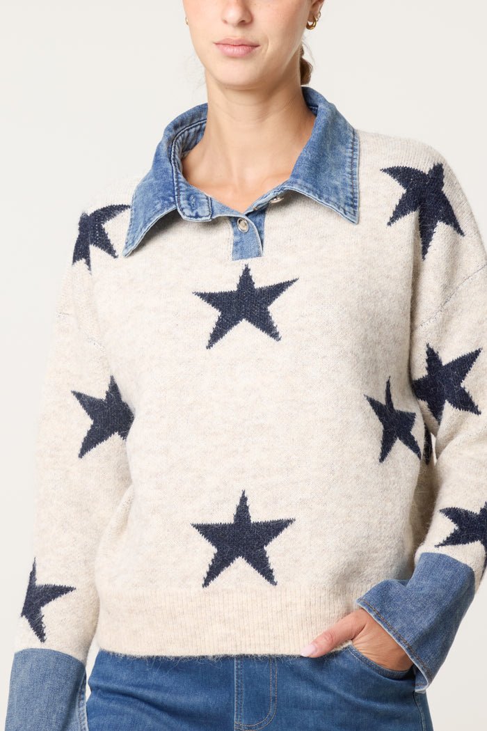 Denim Collar Star Knit Jumper - Downtown Girl