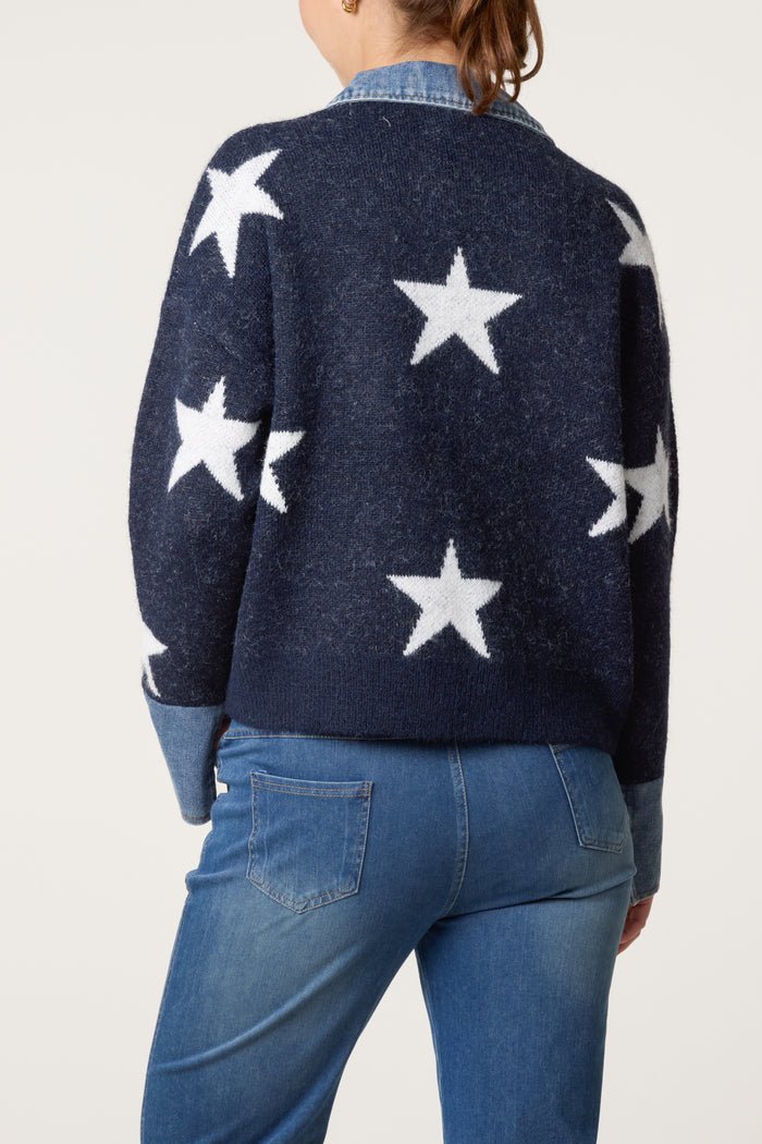 Denim Collar Star Knit Jumper - Downtown Girl