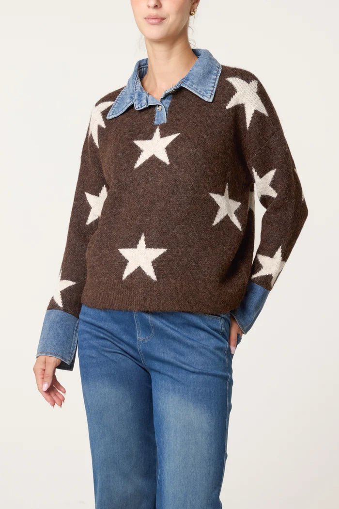 Denim Collar Star Knit Jumper - Downtown Girl
