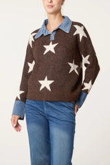 Denim Collar Star Knit Jumper - Downtown Girl