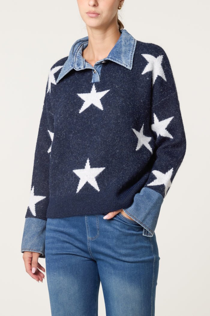Denim Collar Star Knit Jumper - Downtown Girl