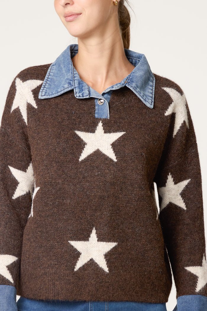 Denim Collar Star Knit Jumper - Downtown Girl