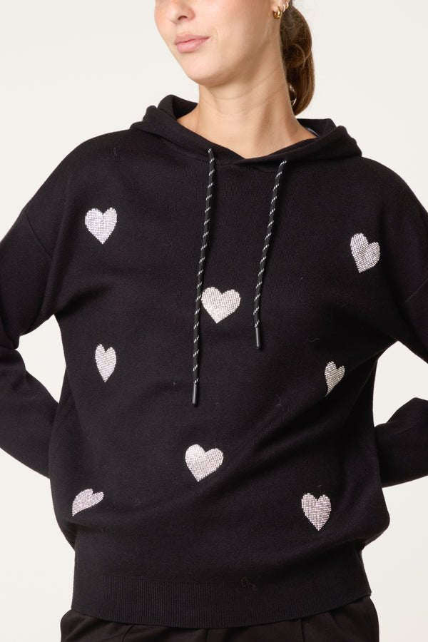 Embellished Heart Hooded Knit Jumper - Downtown Girl