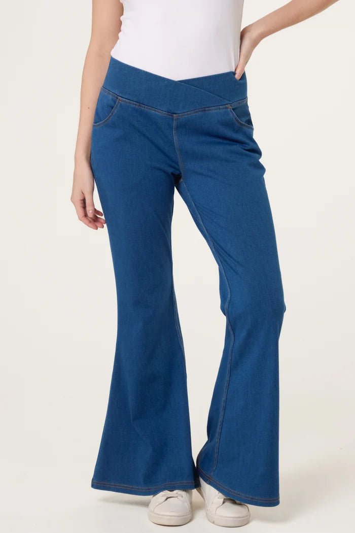 Flared Cross Over Waistband Jeans - Downtown Girl