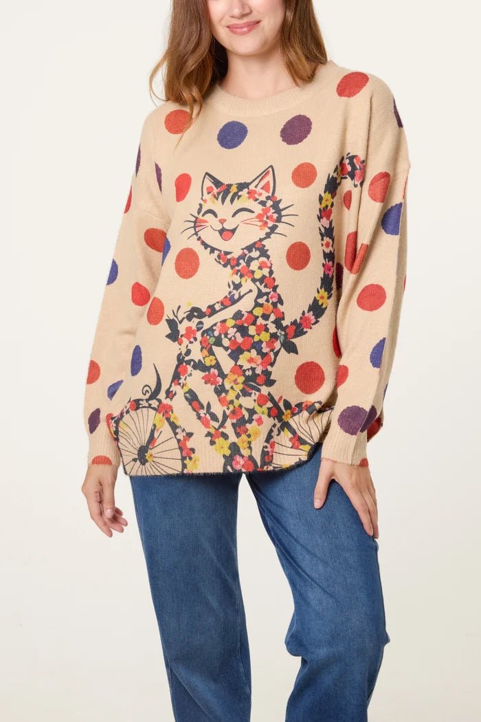 Floral Cat-On-Bicycle Knit Jumper - Downtown Girl