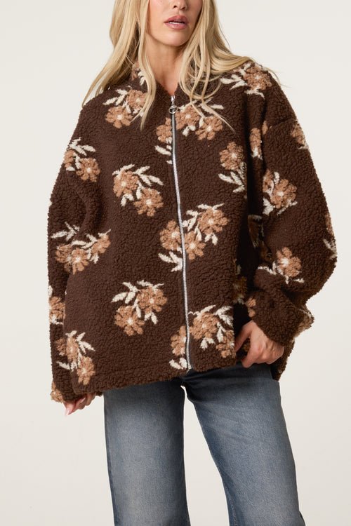 Floral Teddy Fleece Zip-Up Jacket - Downtown Girl