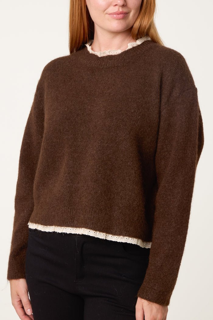 Lace Trim & Neck Knit Jumper - Downtown Girl