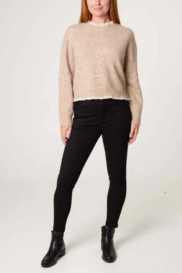 Lace Trim & Neck Knit Jumper - Downtown Girl