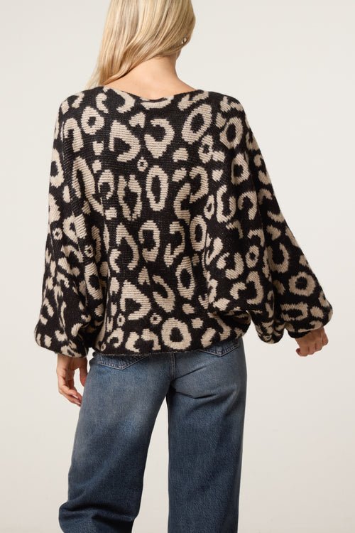 Leopard Print Balloon Sleeve Knit Jumper - Downtown Girl