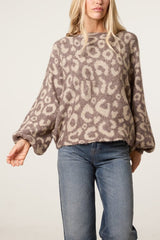 Leopard Print Balloon Sleeve Knit Jumper - Downtown Girl