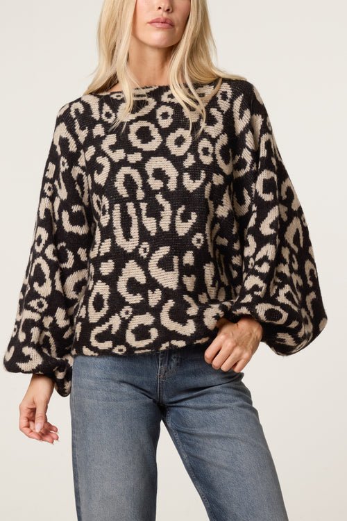 Leopard Print Balloon Sleeve Knit Jumper - Downtown Girl