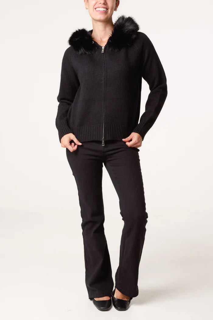 Zip-Through Fur Trim Knit Cardigan