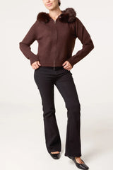 Zip-Through Fur Trim Knit Cardigan
