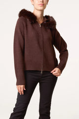 Zip-Through Fur Trim Knit Cardigan