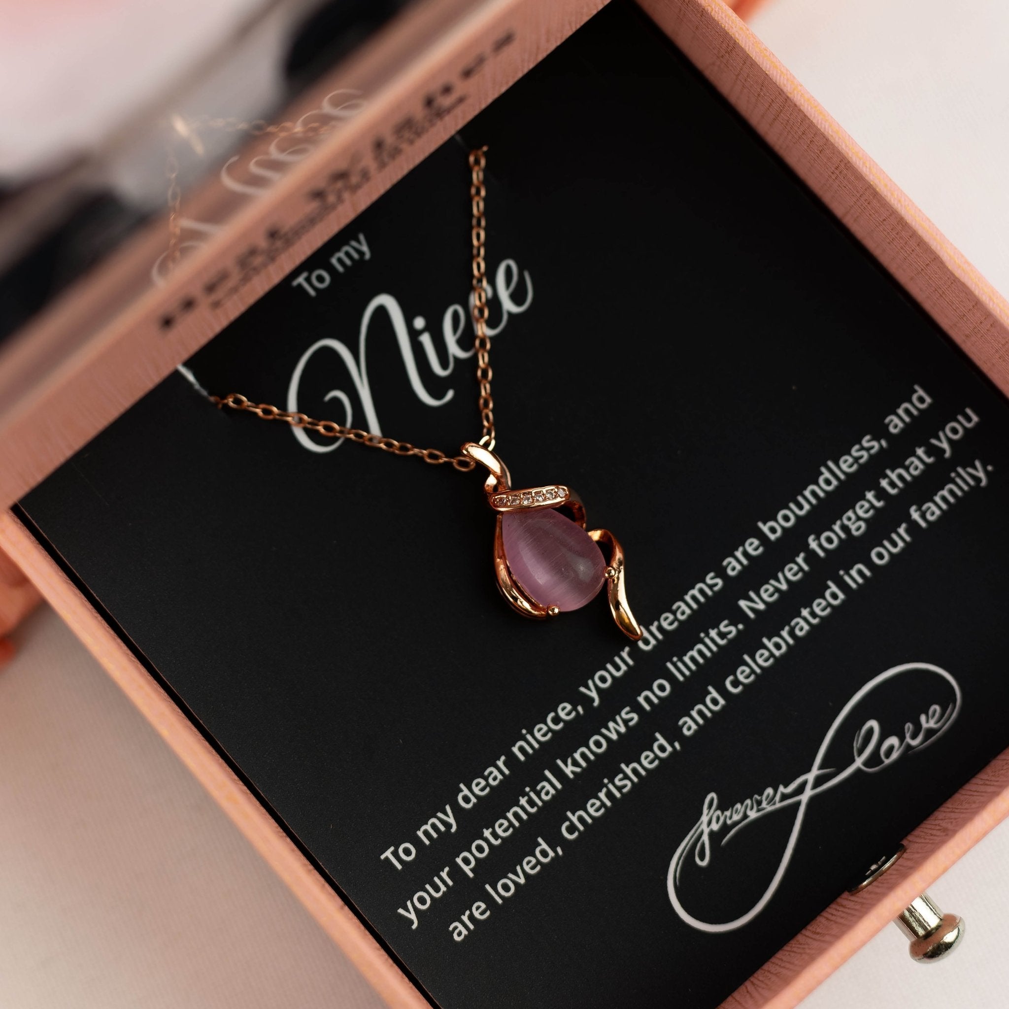 Pink Rain Drop Gem Pendant With Message - Downtown Girl